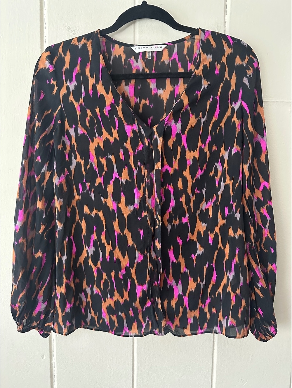 Trina Turk Silk Leopard Animal Print Blouse Top Black Magenta Orange Size XS